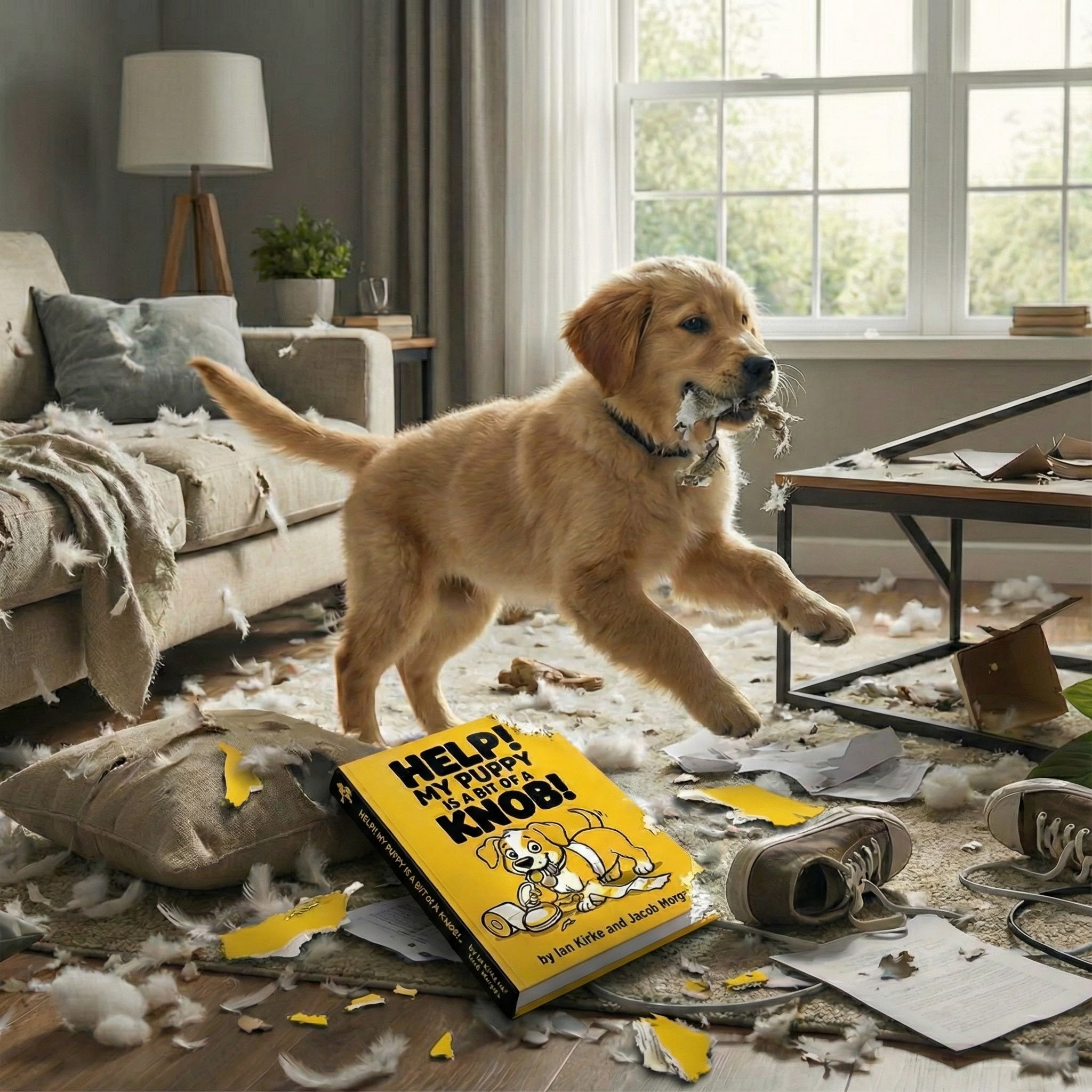 Golden Retriever puppy causing chaos with the book
